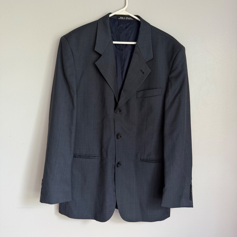 Fenzia Euromoda Gray‎ Blue Windowpane Plaid 3 Button Blazer Jacket Comero 44R
